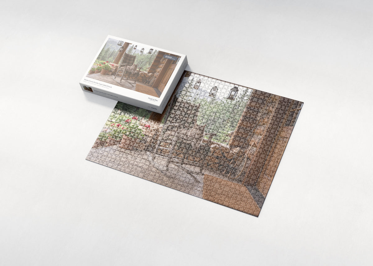 Maine Coon On the Log Cabin Porch jigsaw puzzle - box and puzzle