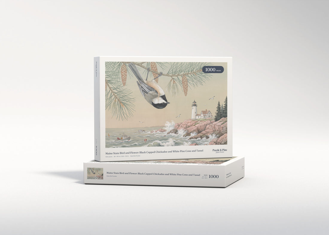 Maine State Bird and Flower: Black Capped Chickadee and White Pine Cone and Tassel jigsaw puzzle - gift box
