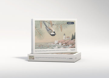 Maine State Bird and Flower: Black Capped Chickadee and White Pine Cone and Tassel jigsaw puzzle - gift box