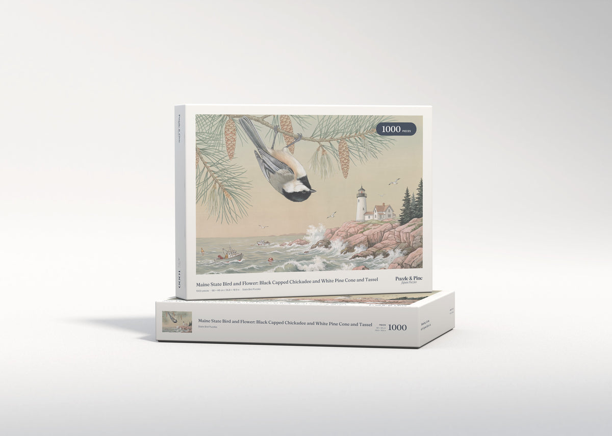 Maine State Bird and Flower: Black Capped Chickadee and White Pine Cone and Tassel jigsaw puzzle - gift box
