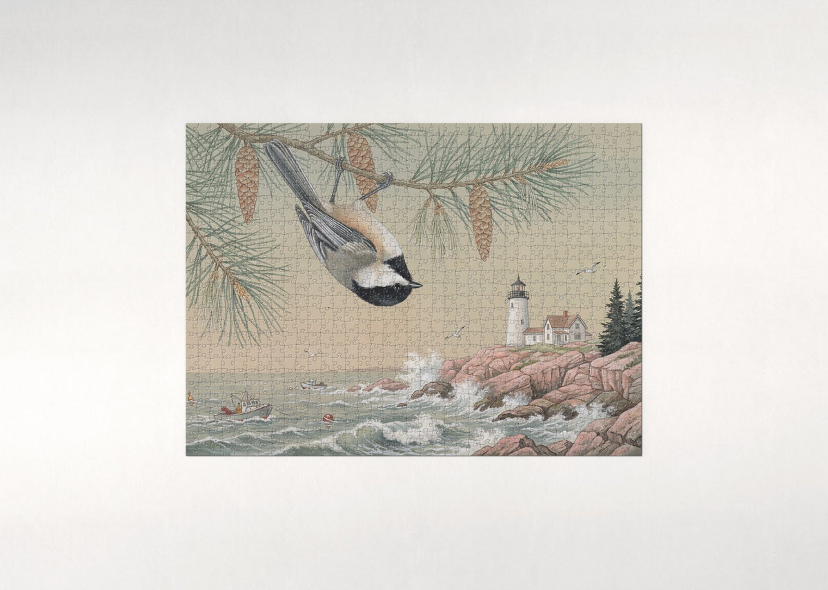 Maine State Bird and Flower: Black Capped Chickadee and White Pine Cone and Tassel jigsaw puzzle - flat puzzle