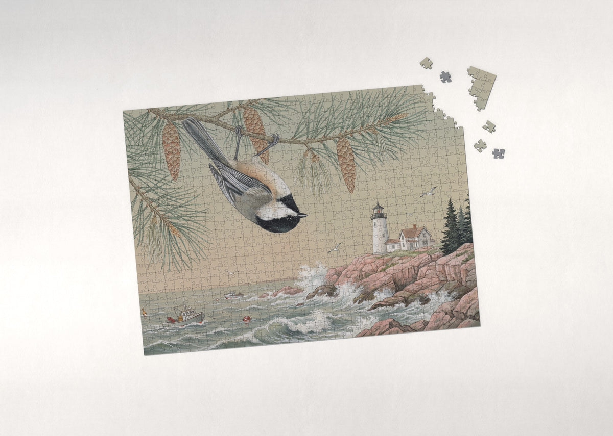 Maine State Bird and Flower: Black Capped Chickadee and White Pine Cone and Tassel jigsaw puzzle - puzzle with loose pieces