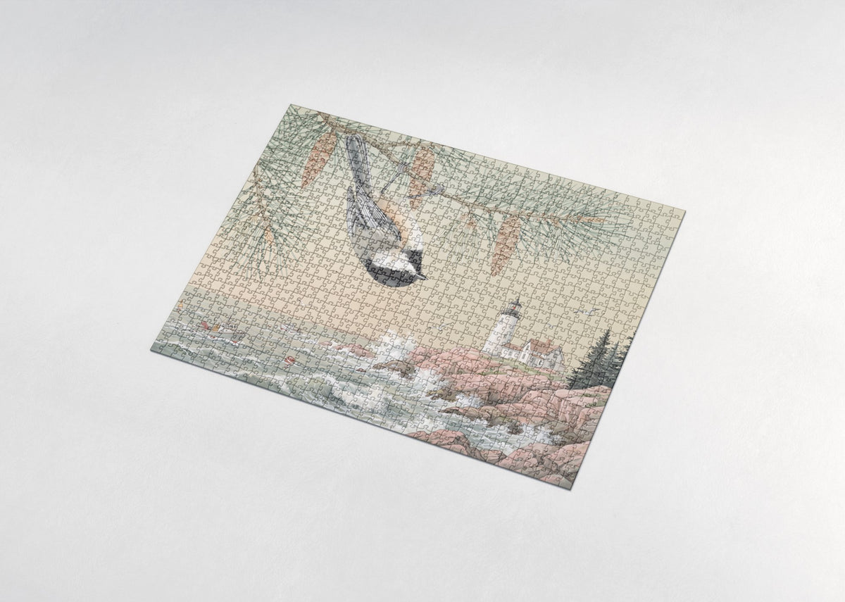 Maine State Bird and Flower: Black Capped Chickadee and White Pine Cone and Tassel jigsaw puzzle - assembled puzzle