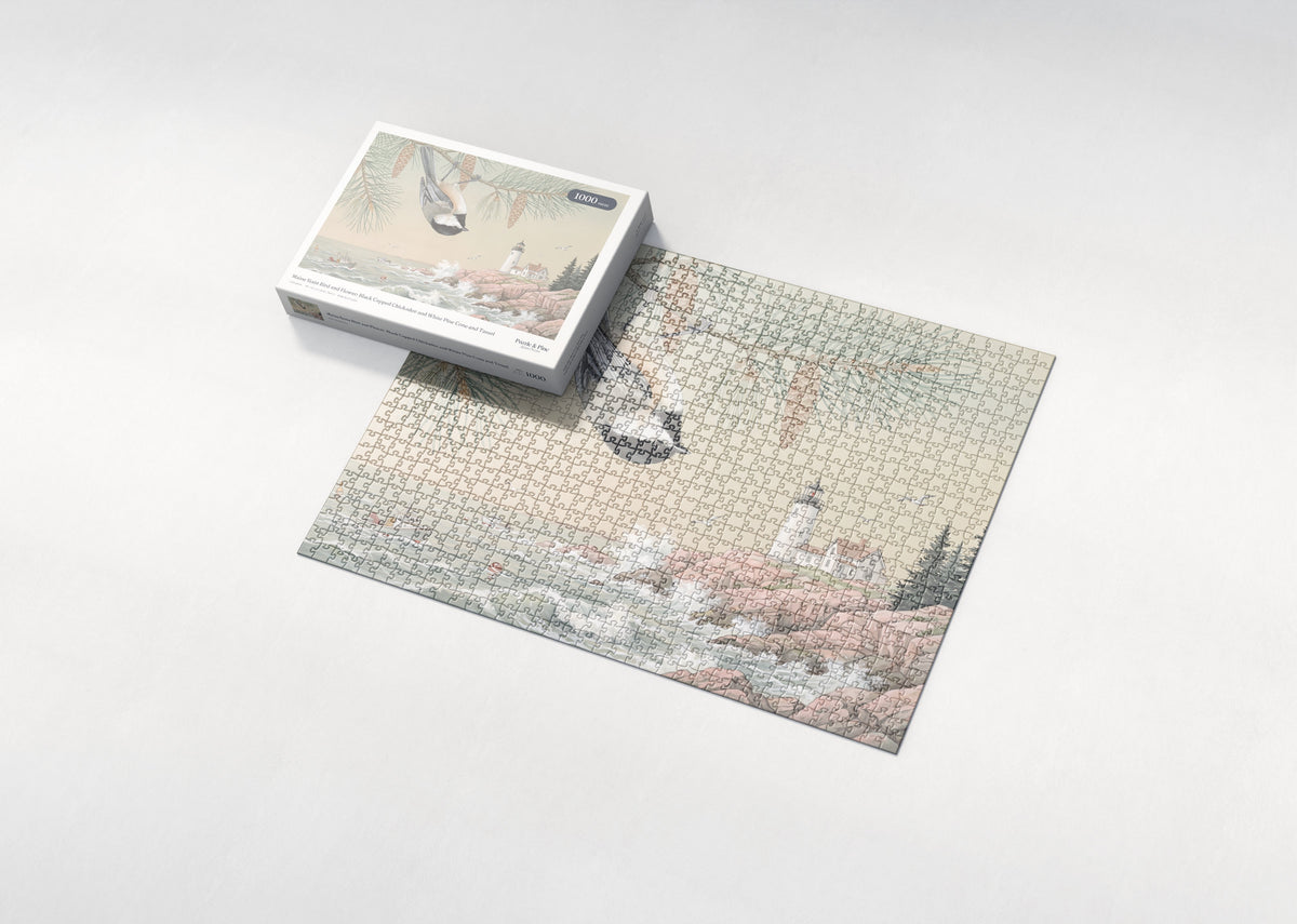 Maine State Bird and Flower: Black Capped Chickadee and White Pine Cone and Tassel jigsaw puzzle - box and puzzle