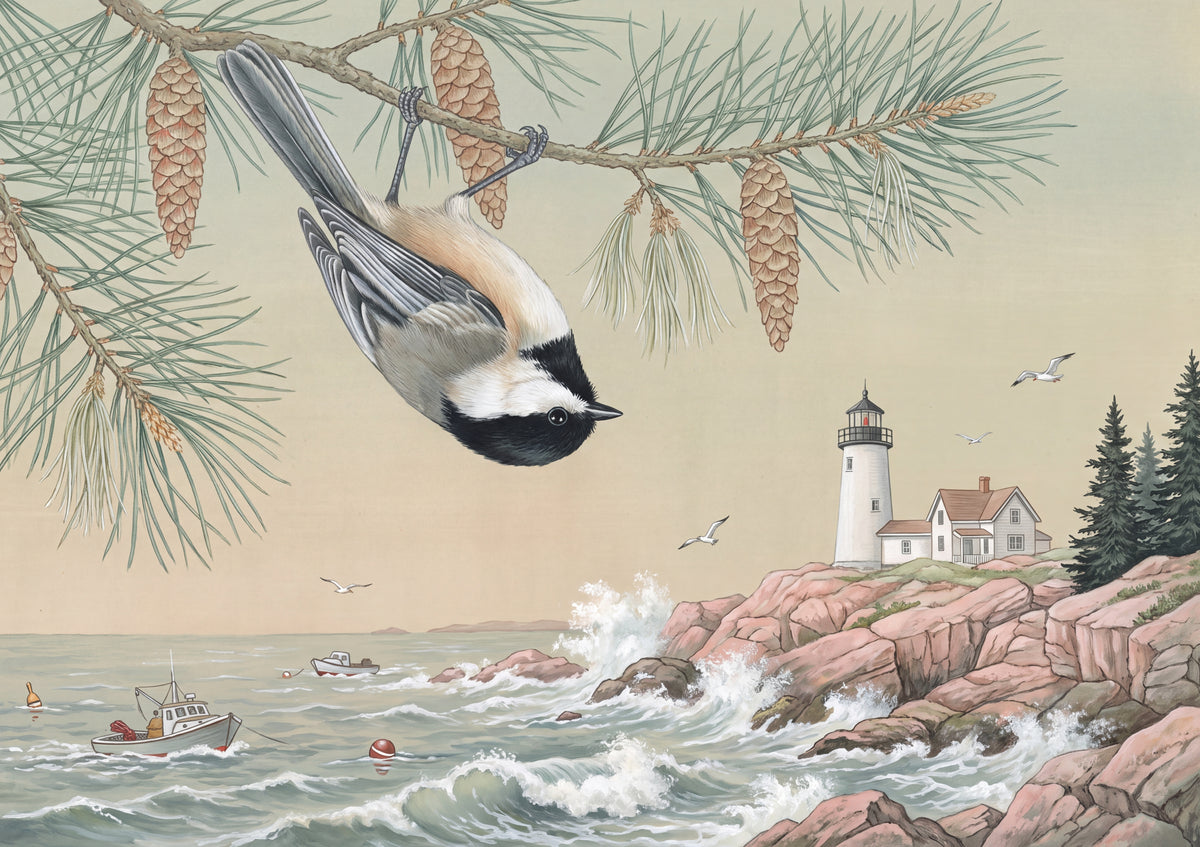 Maine State Bird and Flower: Black Capped Chickadee and White Pine Cone and Tassel jigsaw puzzle