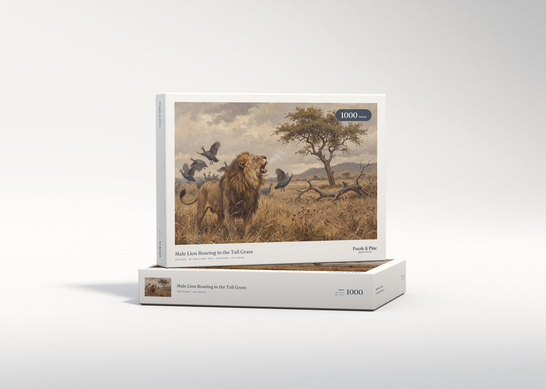 Male Lion Roaring in the Tall Grass jigsaw puzzle - gift box