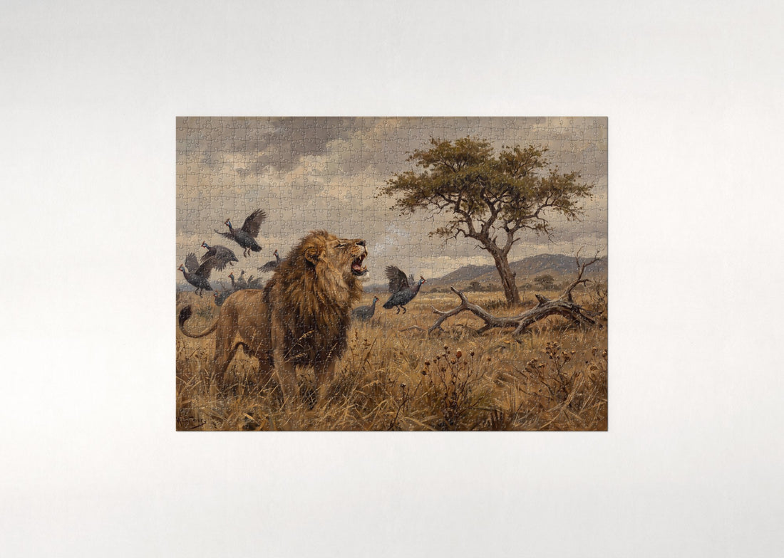 Male Lion Roaring in the Tall Grass jigsaw puzzle - gift box