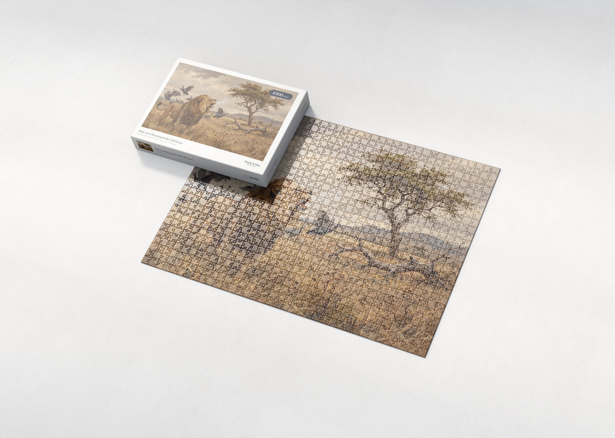 Male Lion Roaring in the Tall Grass jigsaw puzzle - box and puzzle