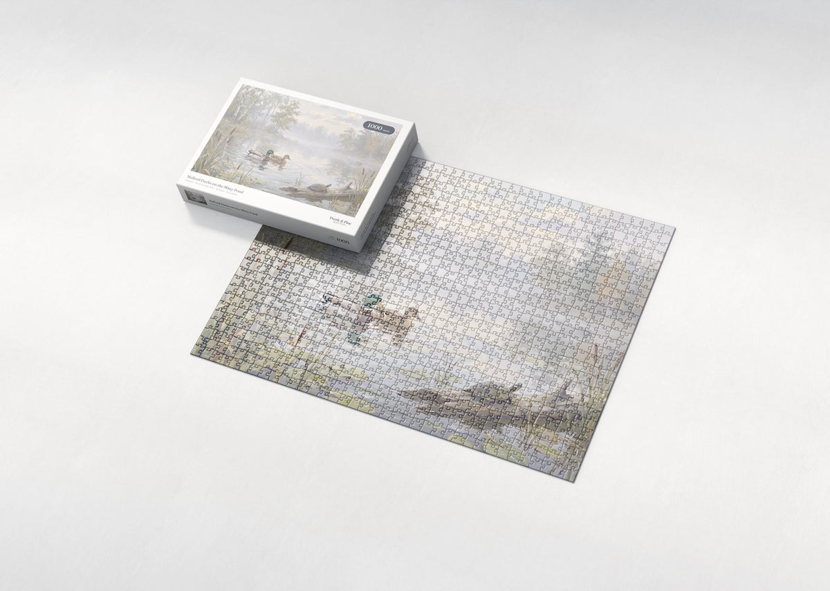 Mallard Ducks on the Misty Pond jigsaw puzzle - box and puzzle