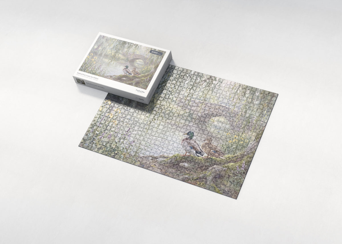 Mallard Pair Under the Willow jigsaw puzzle - box and puzzle