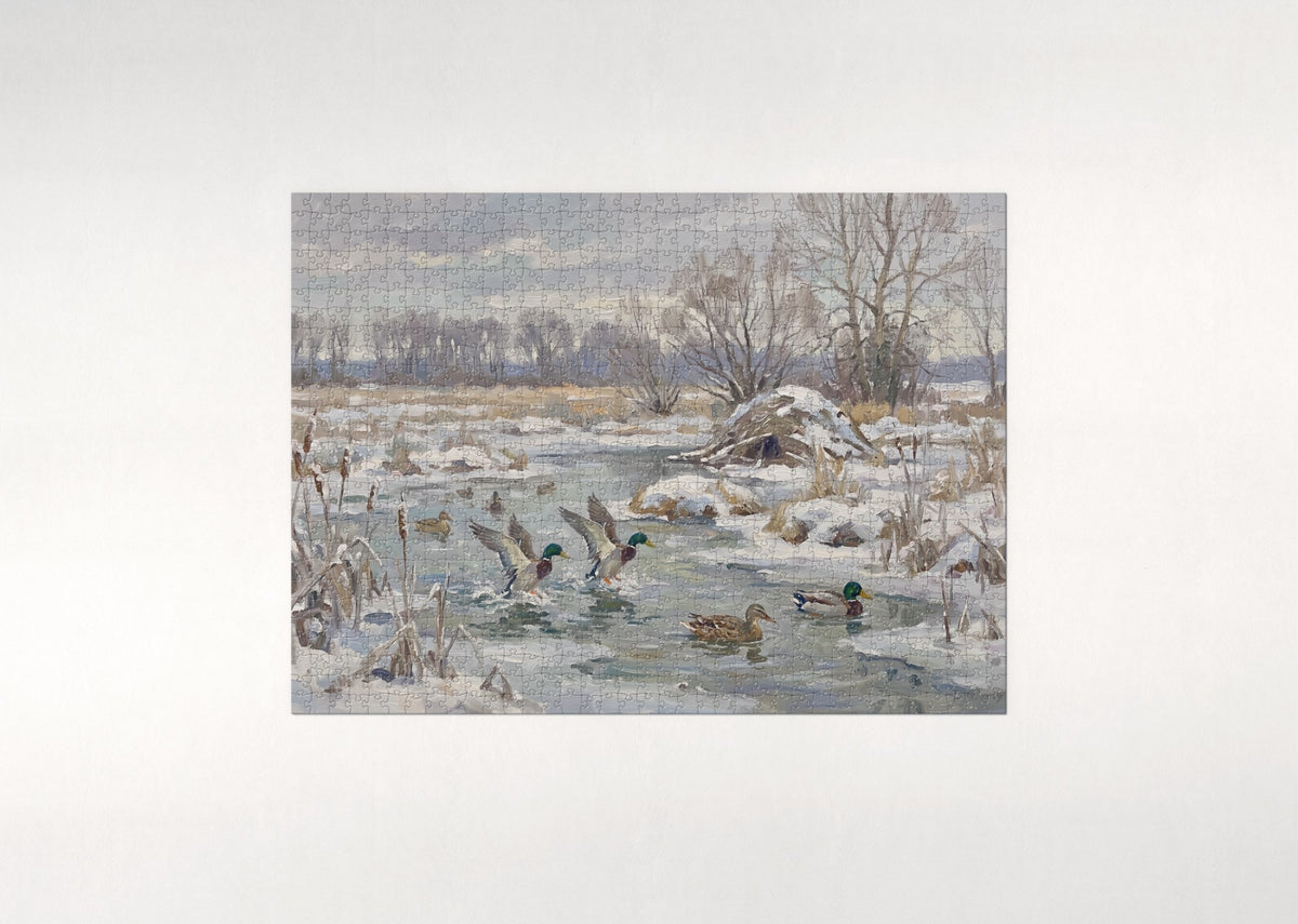 Mallards Landing at the Winter Marsh jigsaw puzzle - flat puzzle
