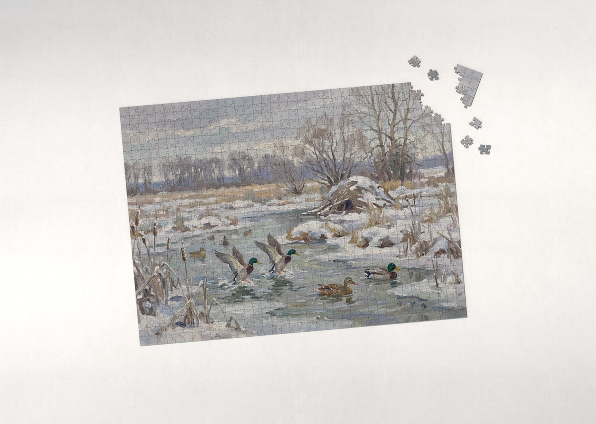 Mallards Landing at the Winter Marsh jigsaw puzzle - puzzle with loose pieces