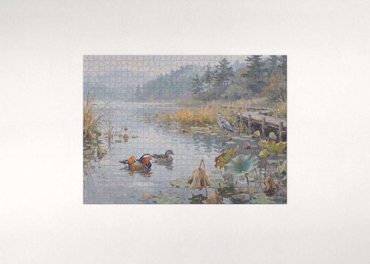 Mandarin Ducks in the Golden Wetland jigsaw puzzle - flat puzzle
