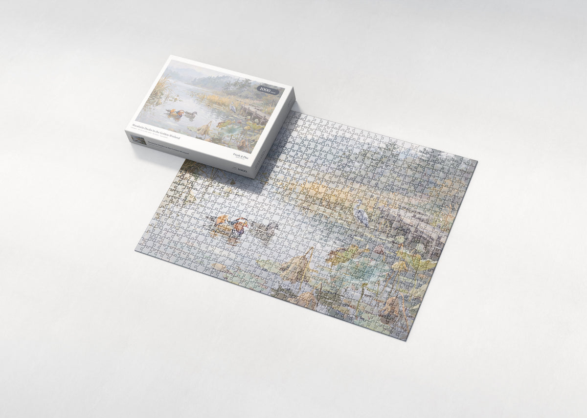 Mandarin Ducks in the Golden Wetland jigsaw puzzle - box and puzzle
