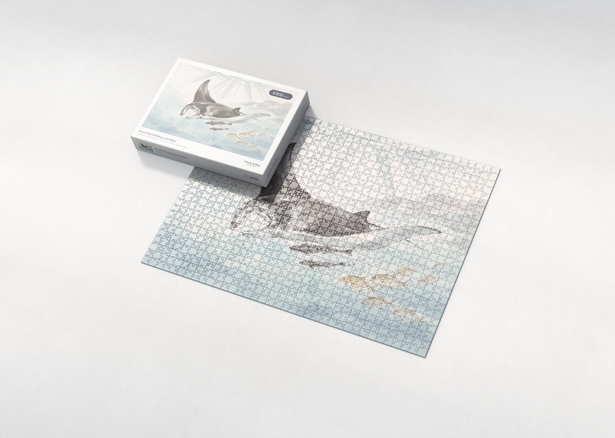 Manta Ray Gliding in the Blue jigsaw puzzle - box and puzzle