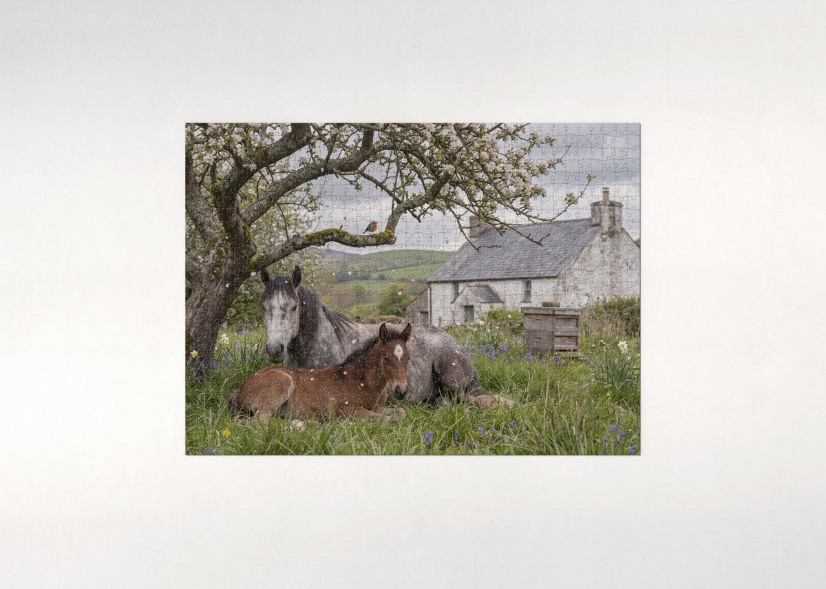 Mare and Foal Under the Apple Blossoms jigsaw puzzle - flat puzzle