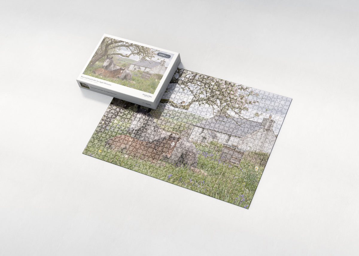 Mare and Foal Under the Apple Blossoms jigsaw puzzle - box and puzzle