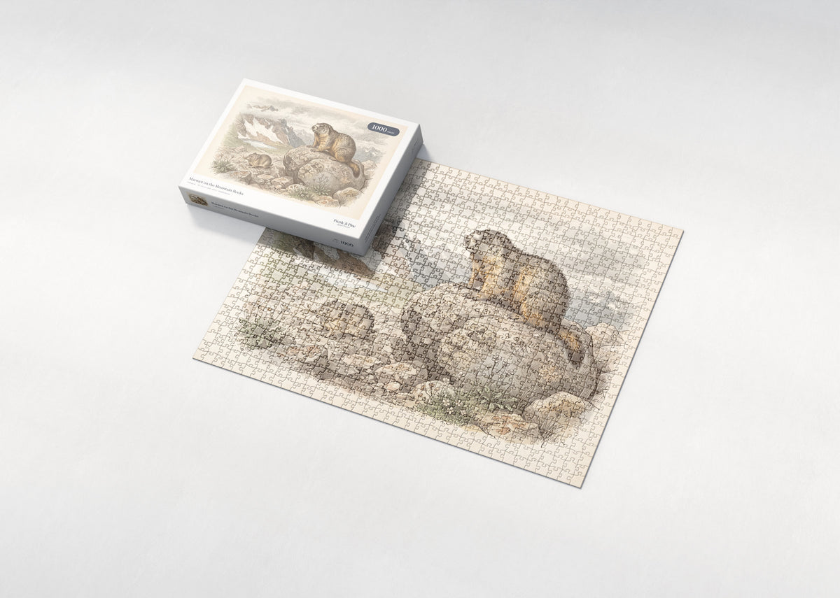 Marmot on the Mountain Rocks jigsaw puzzle - box and puzzle