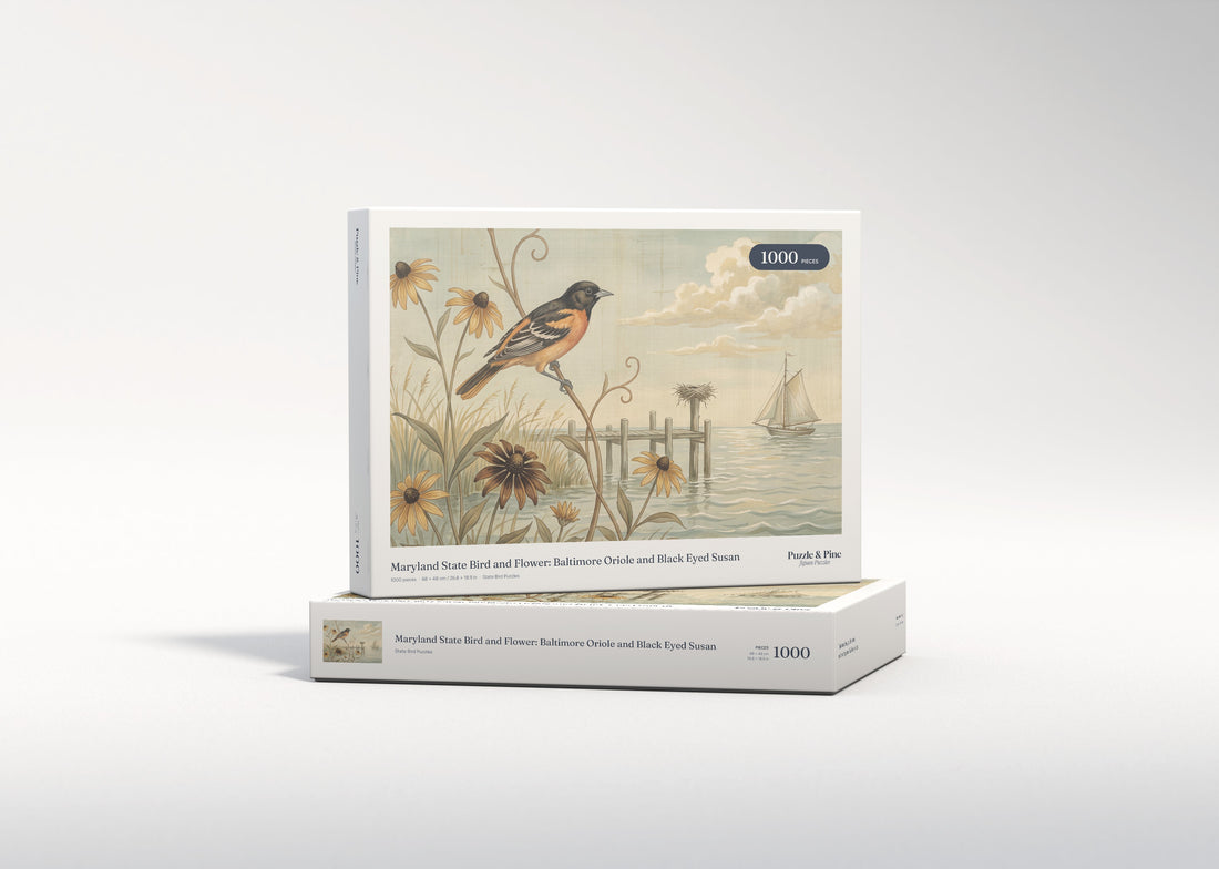 Maryland State Bird and Flower: Baltimore Oriole and Black Eyed Susan jigsaw puzzle - gift box