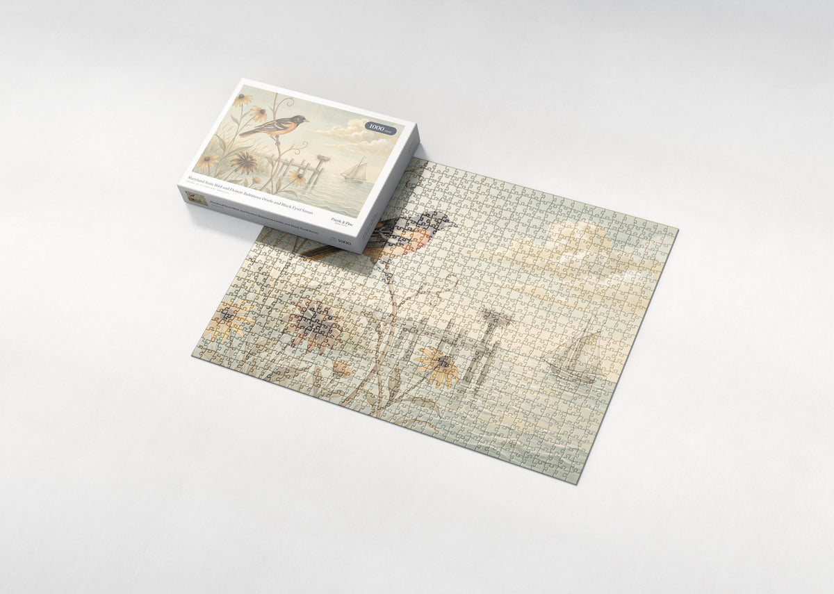 Maryland State Bird and Flower: Baltimore Oriole and Black Eyed Susan jigsaw puzzle - box and puzzle
