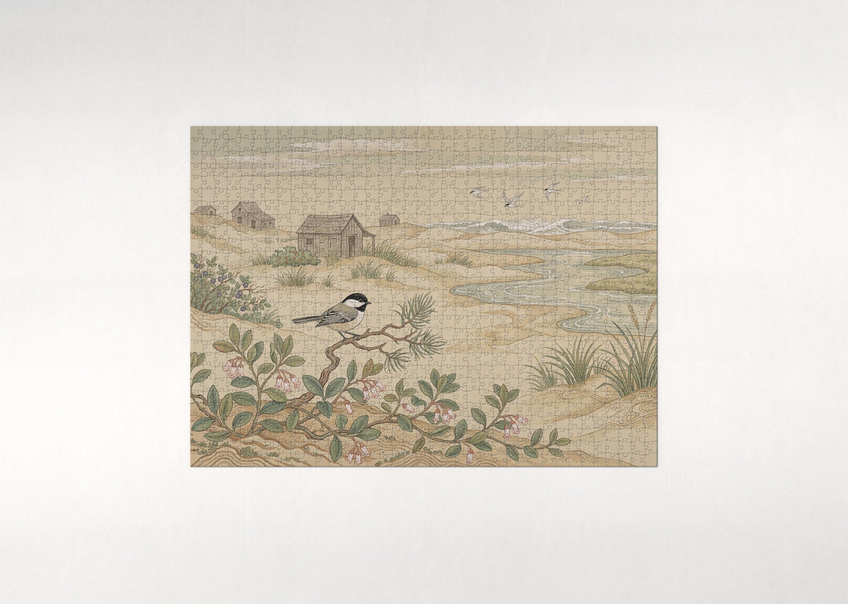 Massachusetts State Bird and Flower: Black Capped Chickadee and Mayflower jigsaw puzzle - flat puzzle