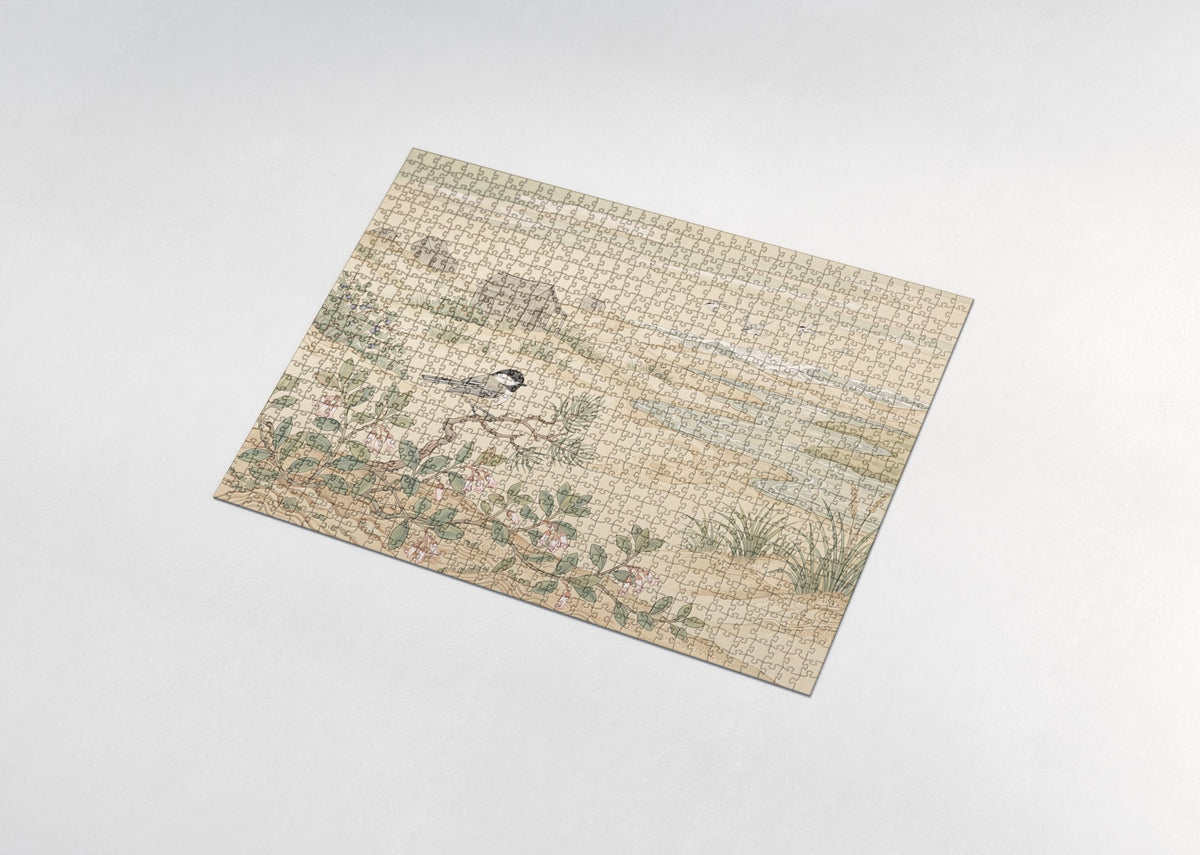 Massachusetts State Bird and Flower: Black Capped Chickadee and Mayflower jigsaw puzzle - assembled puzzle