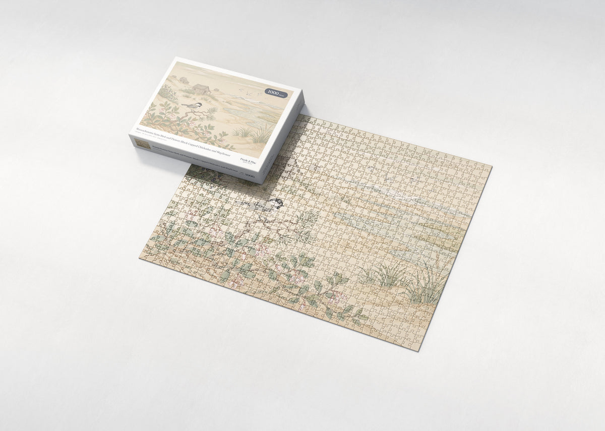 Massachusetts State Bird and Flower: Black Capped Chickadee and Mayflower jigsaw puzzle - box and puzzle