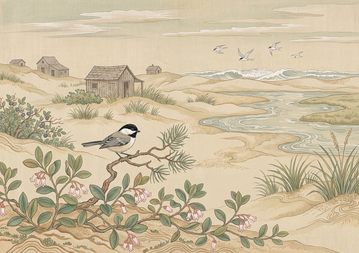 Massachusetts State Bird and Flower: Black Capped Chickadee and Mayflower jigsaw puzzle