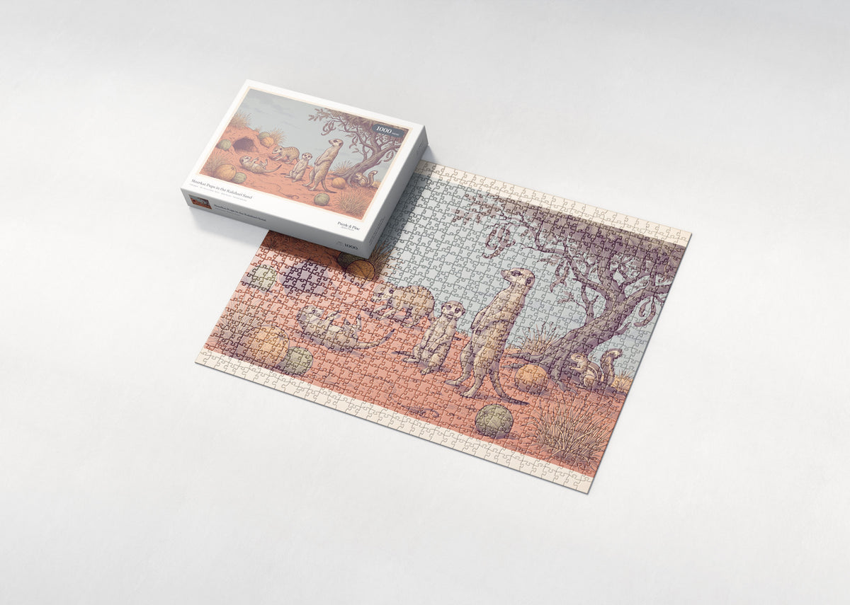 Meerkat Pups in the Kalahari Sand jigsaw puzzle - box and puzzle