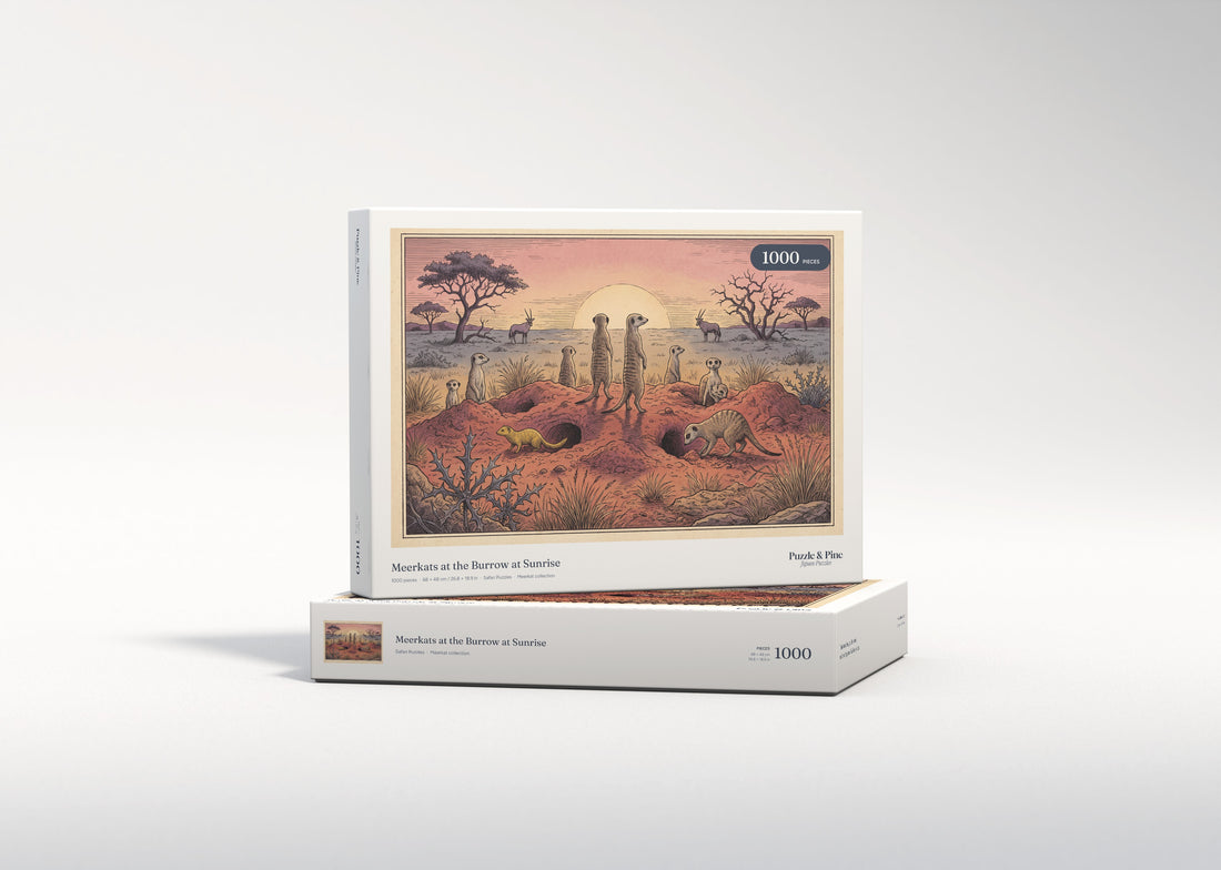 Meerkats at the Burrow at Sunrise jigsaw puzzle - gift box