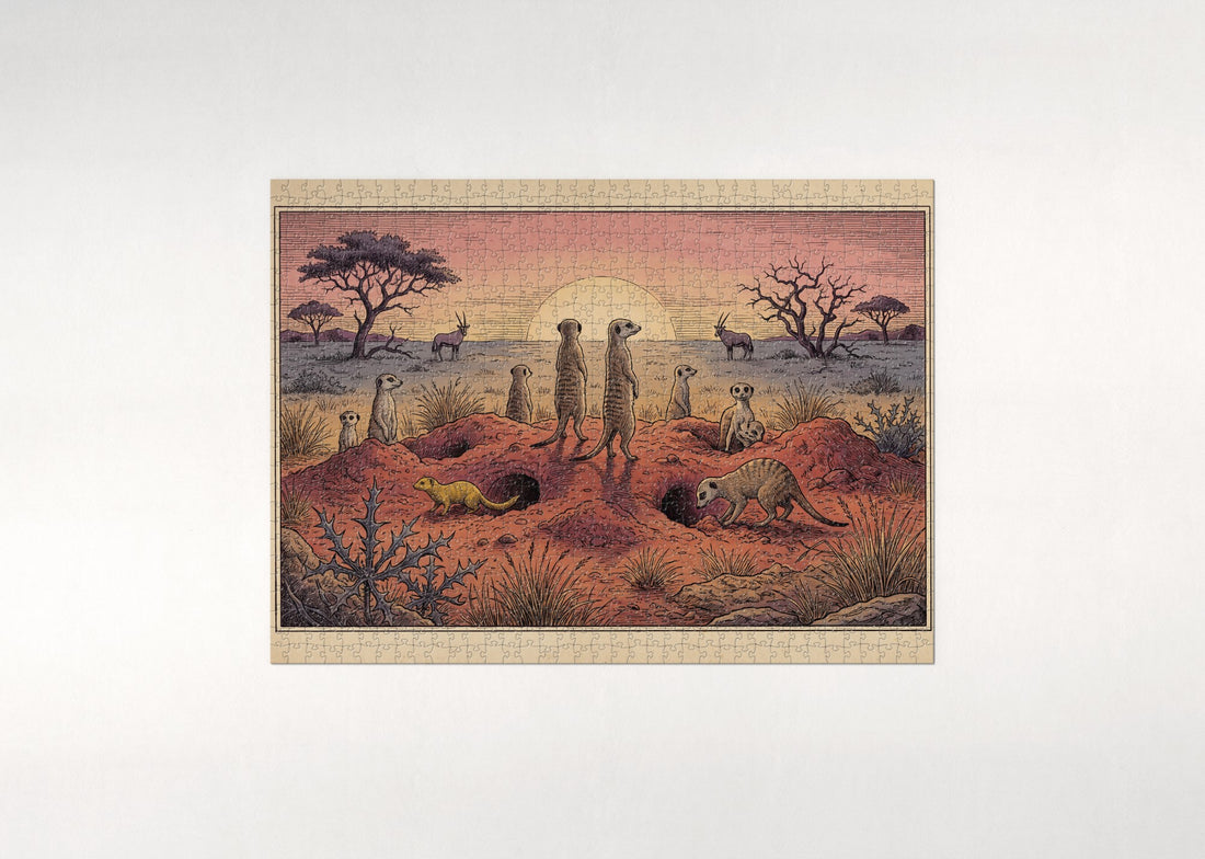 Meerkats at the Burrow at Sunrise jigsaw puzzle - gift box