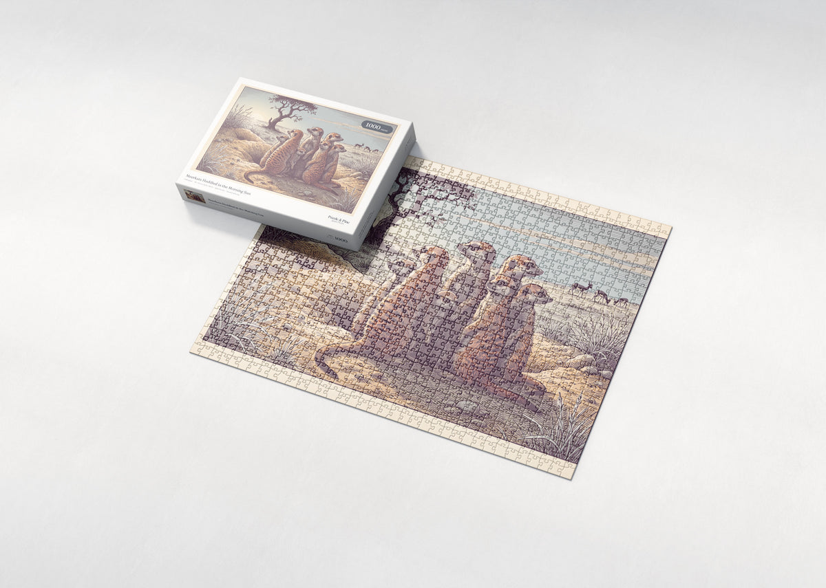 Meerkats Huddled in the Morning Sun jigsaw puzzle - box and puzzle