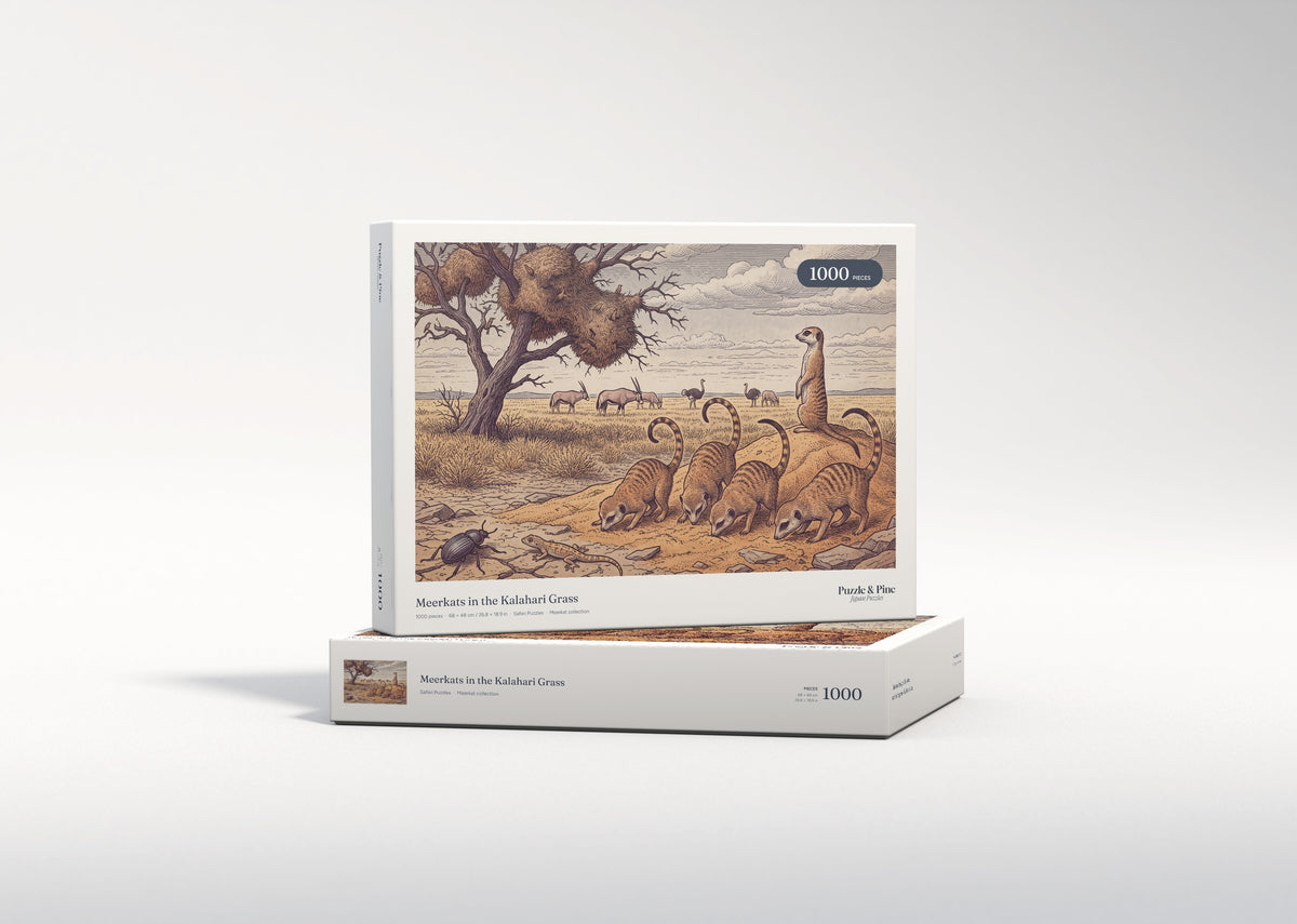 Meerkats in the Kalahari Grass jigsaw puzzle - gift box