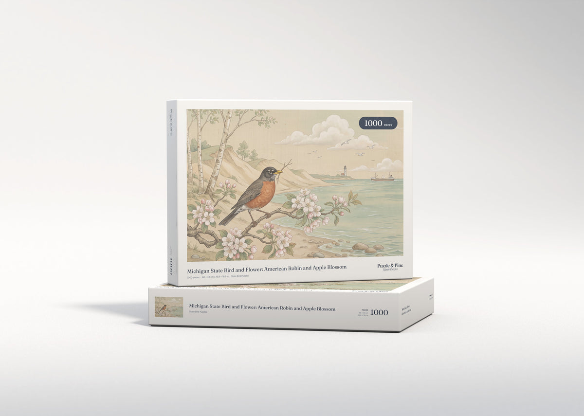 Michigan State Bird and Flower: American Robin and Apple Blossom jigsaw puzzle - gift box