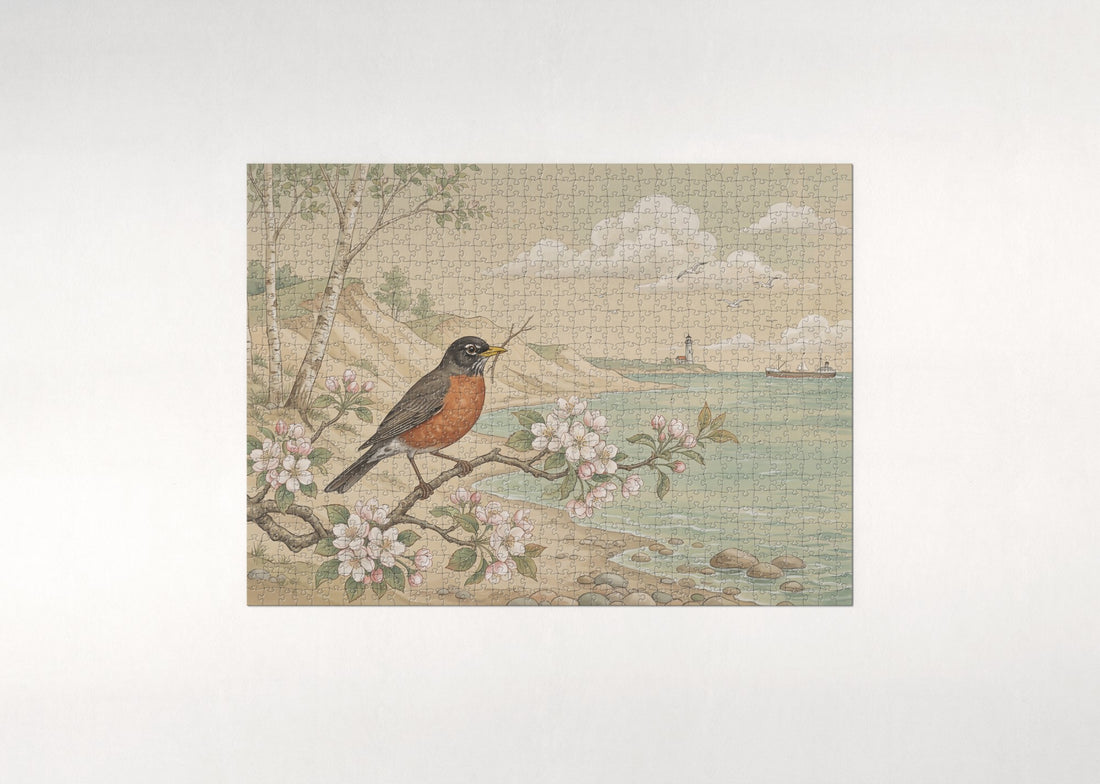 Michigan State Bird and Flower: American Robin and Apple Blossom jigsaw puzzle - gift box