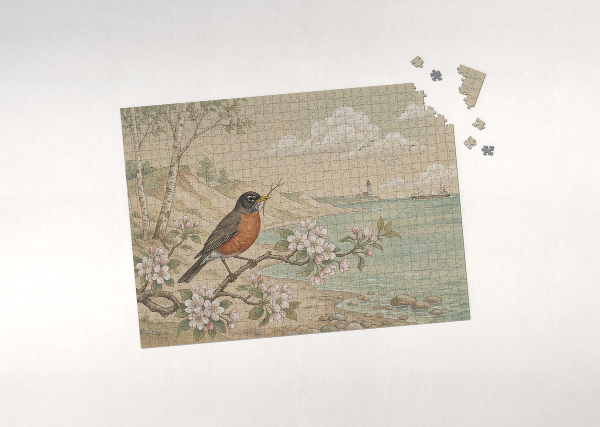 Michigan State Bird and Flower: American Robin and Apple Blossom jigsaw puzzle - puzzle with loose pieces