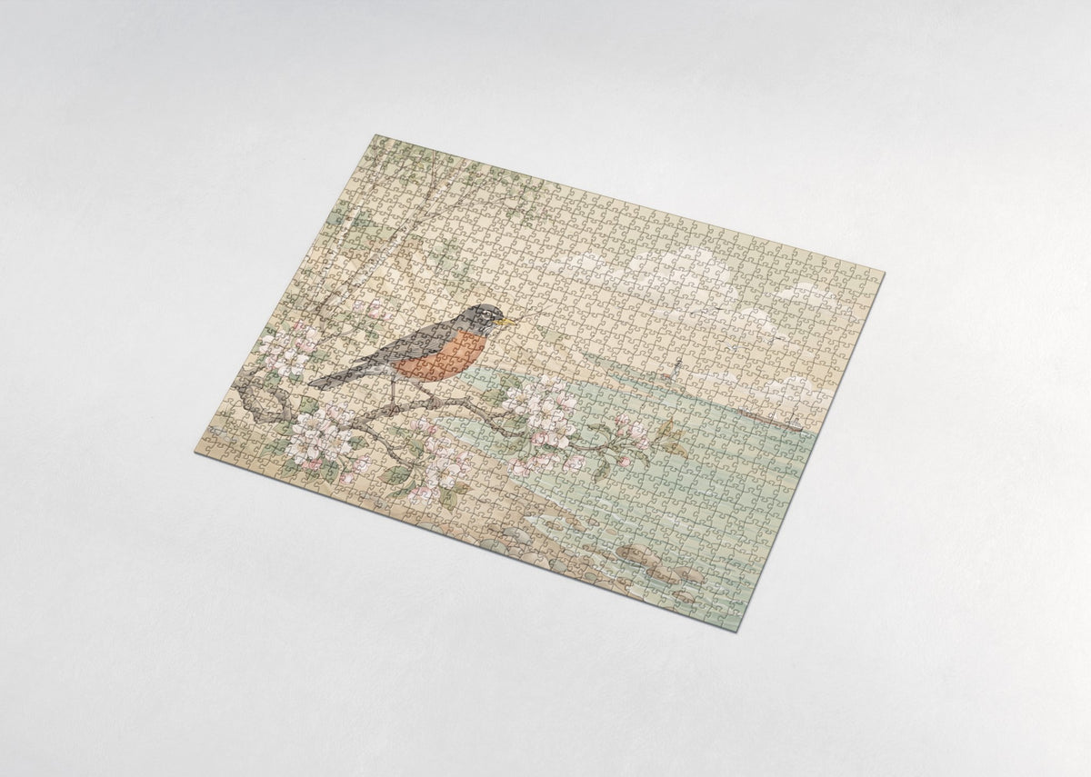 Michigan State Bird and Flower: American Robin and Apple Blossom jigsaw puzzle - assembled puzzle