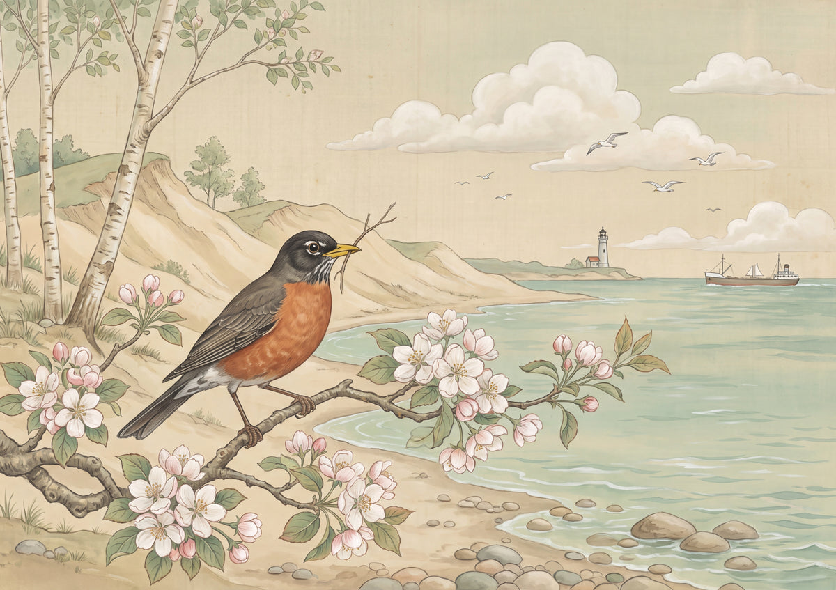 Michigan State Bird and Flower: American Robin and Apple Blossom jigsaw puzzle