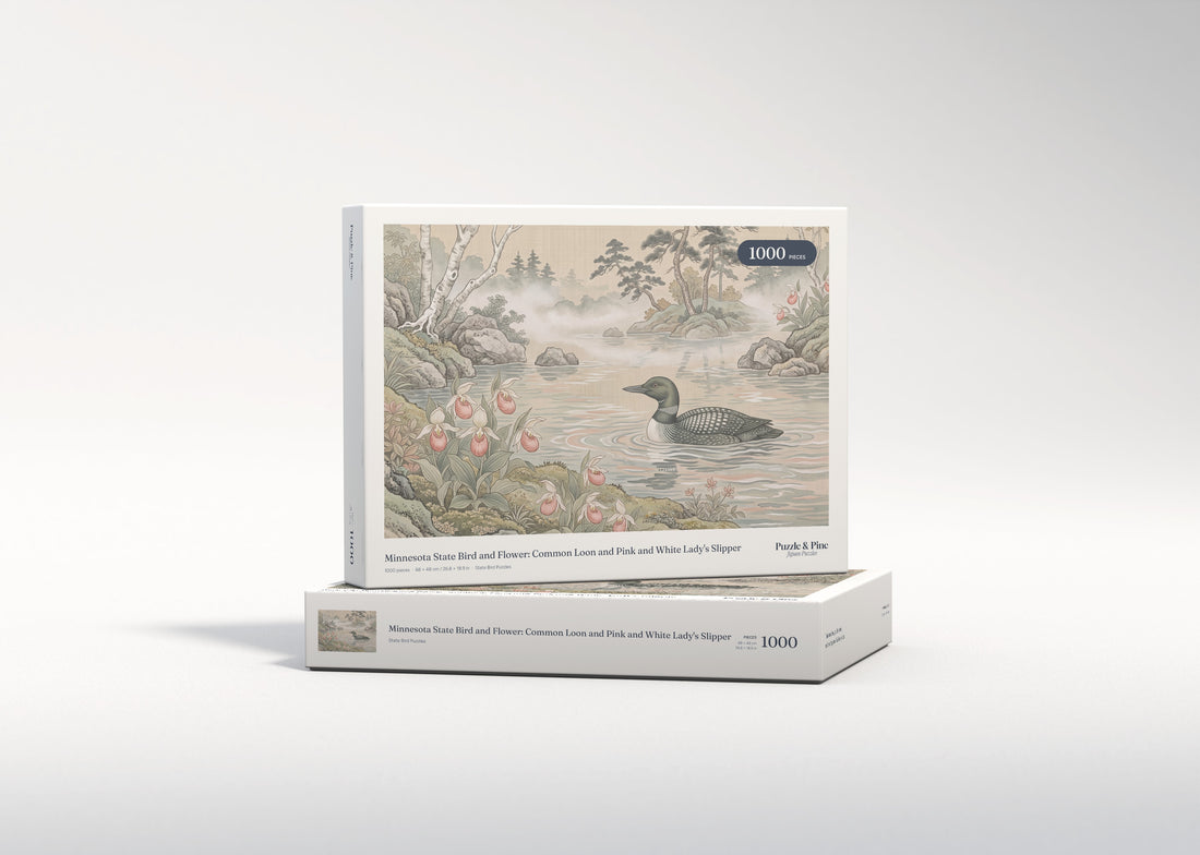 Minnesota State Bird and Flower: Common Loon and Pink and White Lady's Slipper jigsaw puzzle - gift box