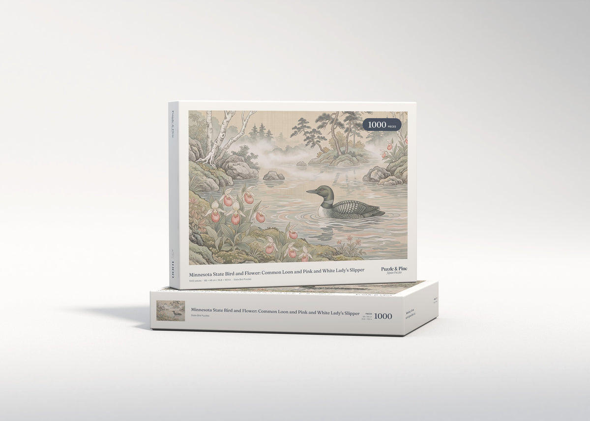 Minnesota State Bird and Flower: Common Loon and Pink and White Lady's Slipper jigsaw puzzle - gift box