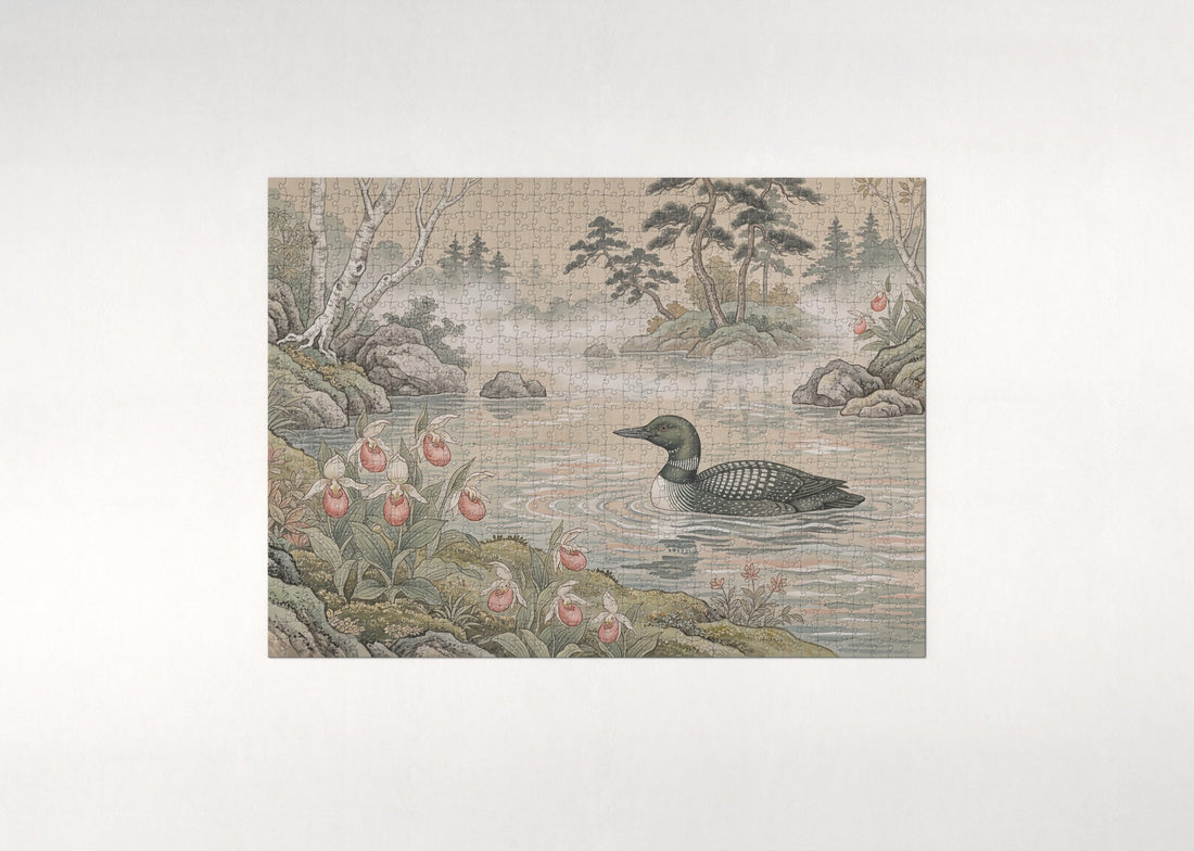 Minnesota State Bird and Flower: Common Loon and Pink and White Lady's Slipper jigsaw puzzle - gift box