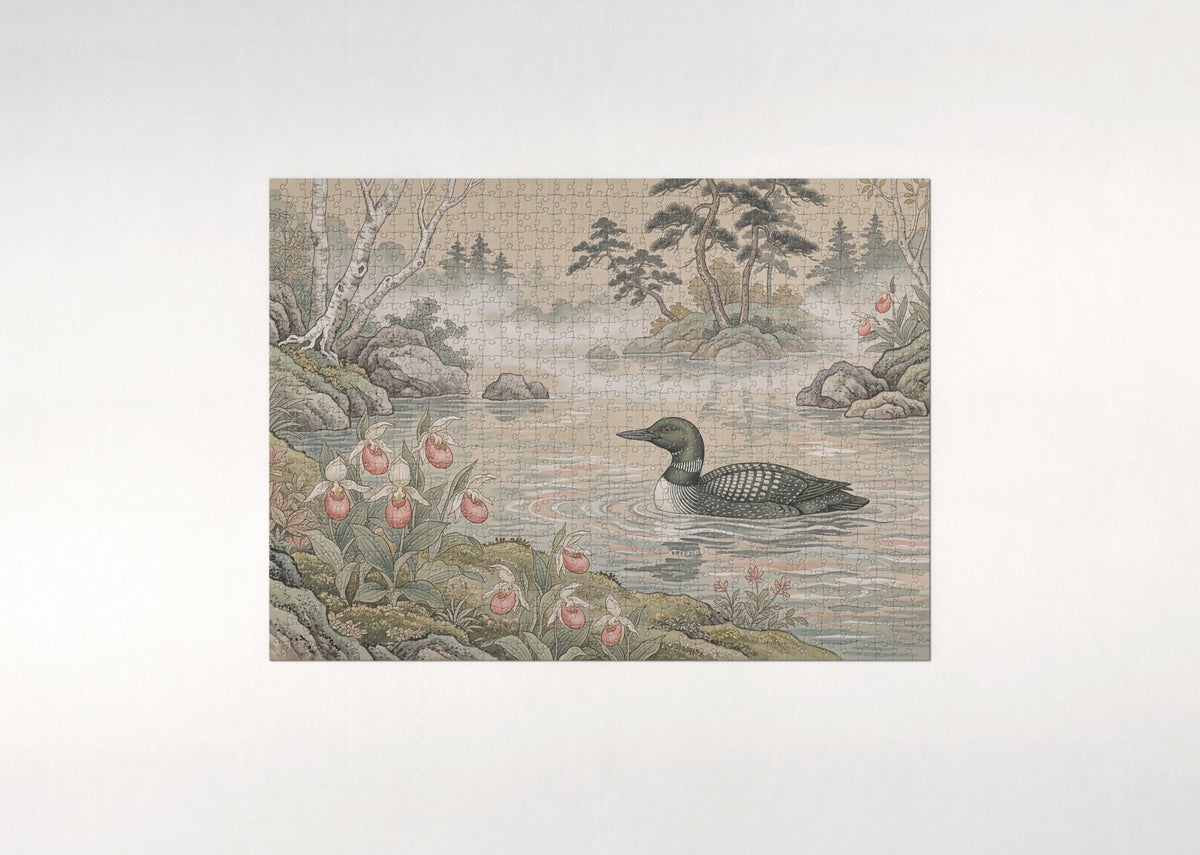 Minnesota State Bird and Flower: Common Loon and Pink and White Lady's Slipper jigsaw puzzle - flat puzzle