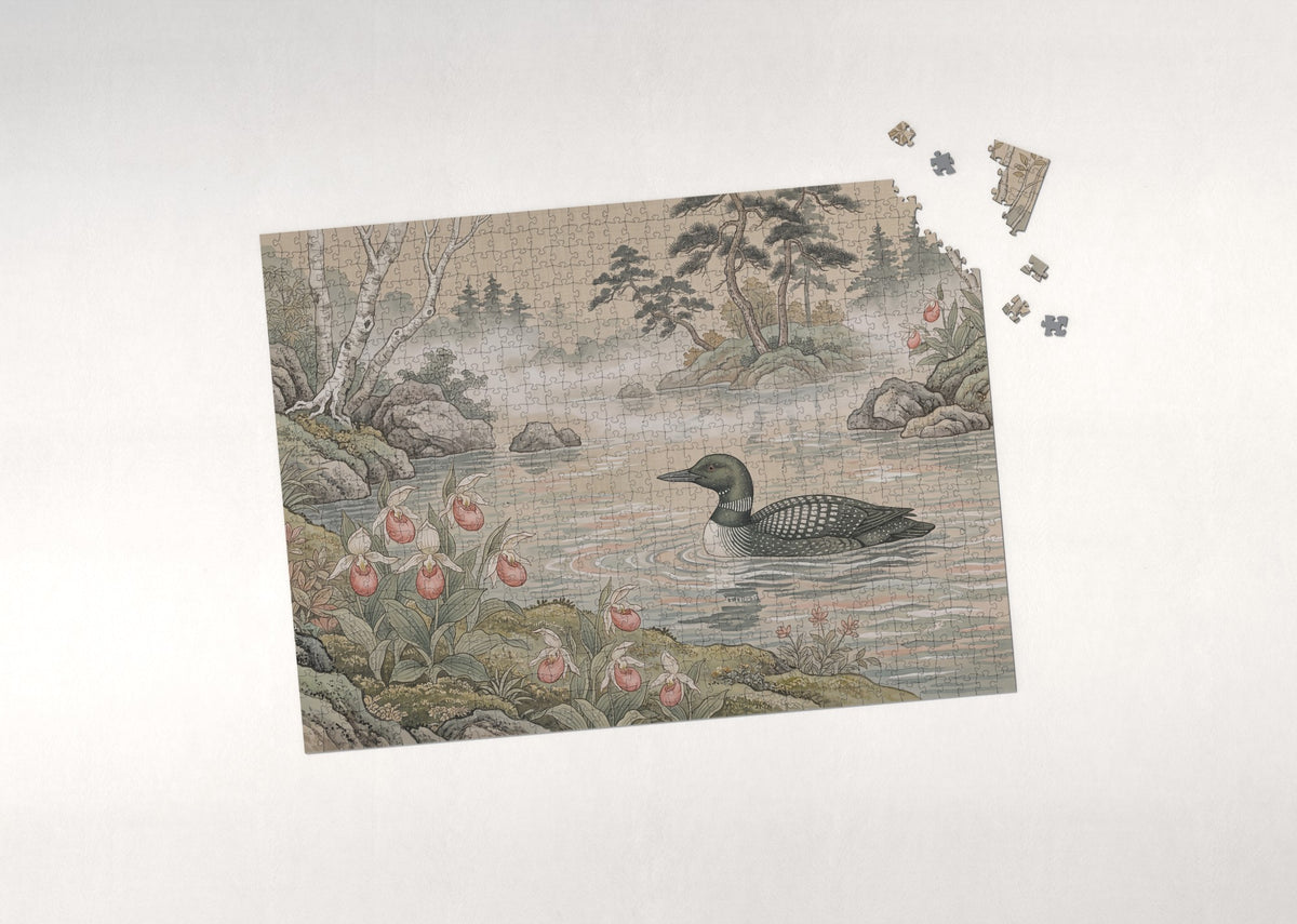 Minnesota State Bird and Flower: Common Loon and Pink and White Lady's Slipper jigsaw puzzle - puzzle with loose pieces