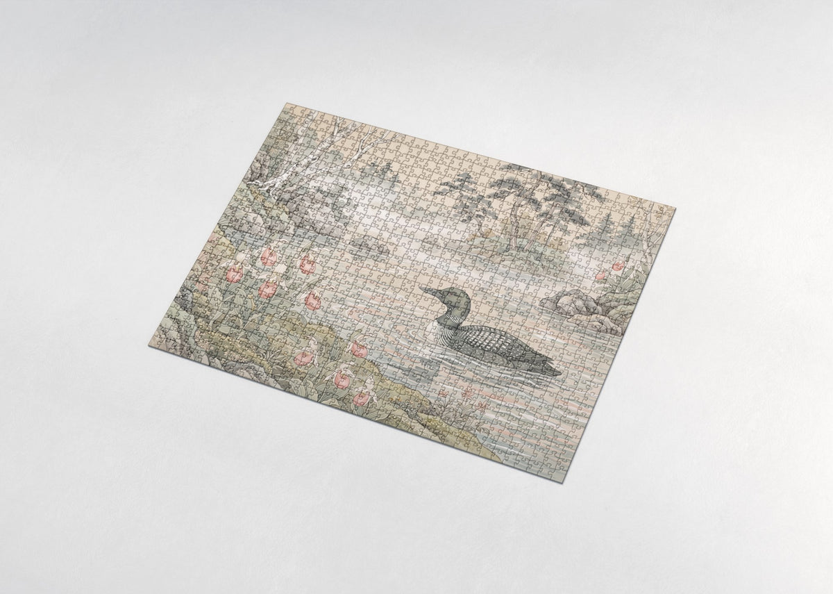 Minnesota State Bird and Flower: Common Loon and Pink and White Lady's Slipper jigsaw puzzle - assembled puzzle