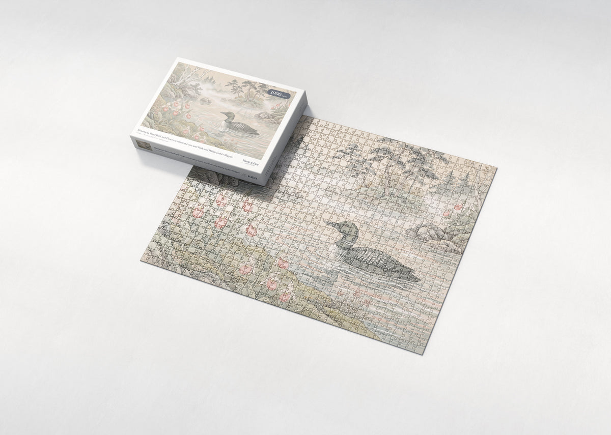 Minnesota State Bird and Flower: Common Loon and Pink and White Lady's Slipper jigsaw puzzle - box and puzzle