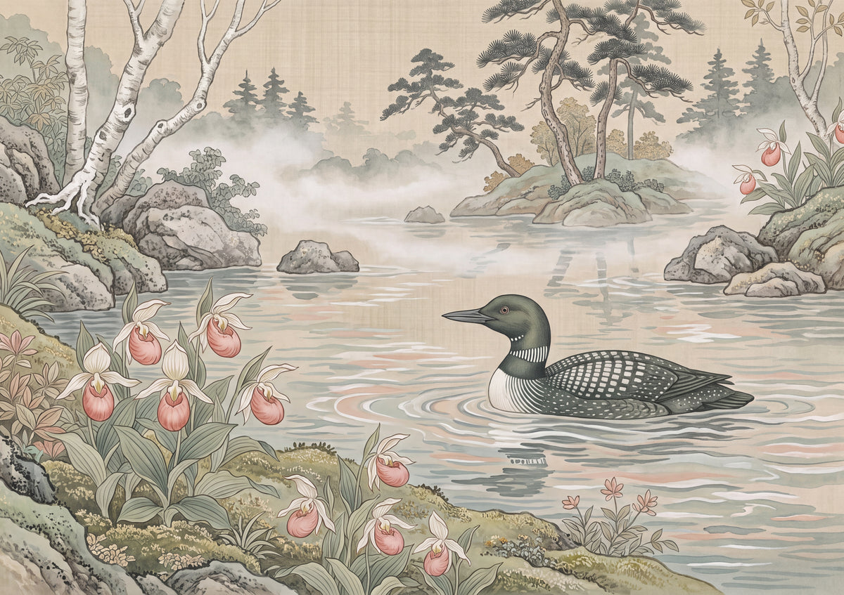 Minnesota State Bird and Flower: Common Loon and Pink and White Lady's Slipper jigsaw puzzle
