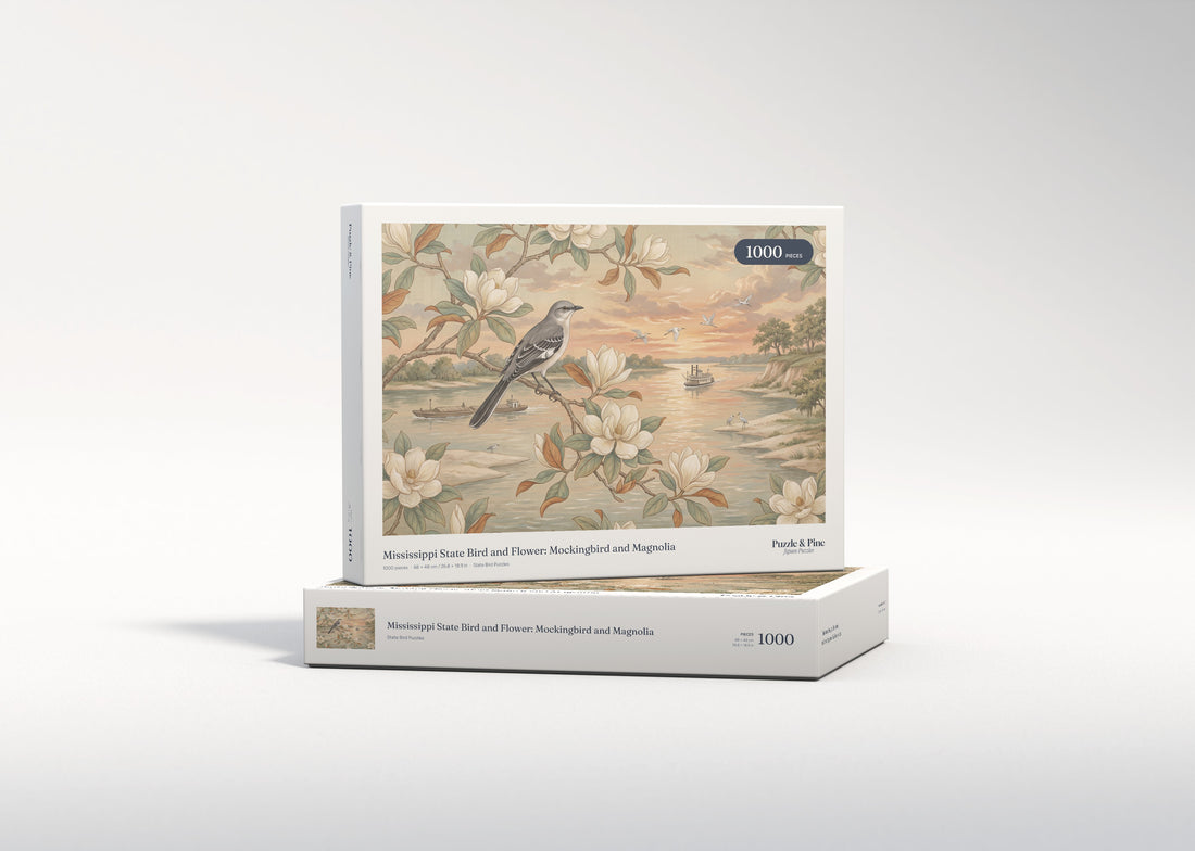 Mississippi State Bird and Flower: Mockingbird and Magnolia jigsaw puzzle - gift box