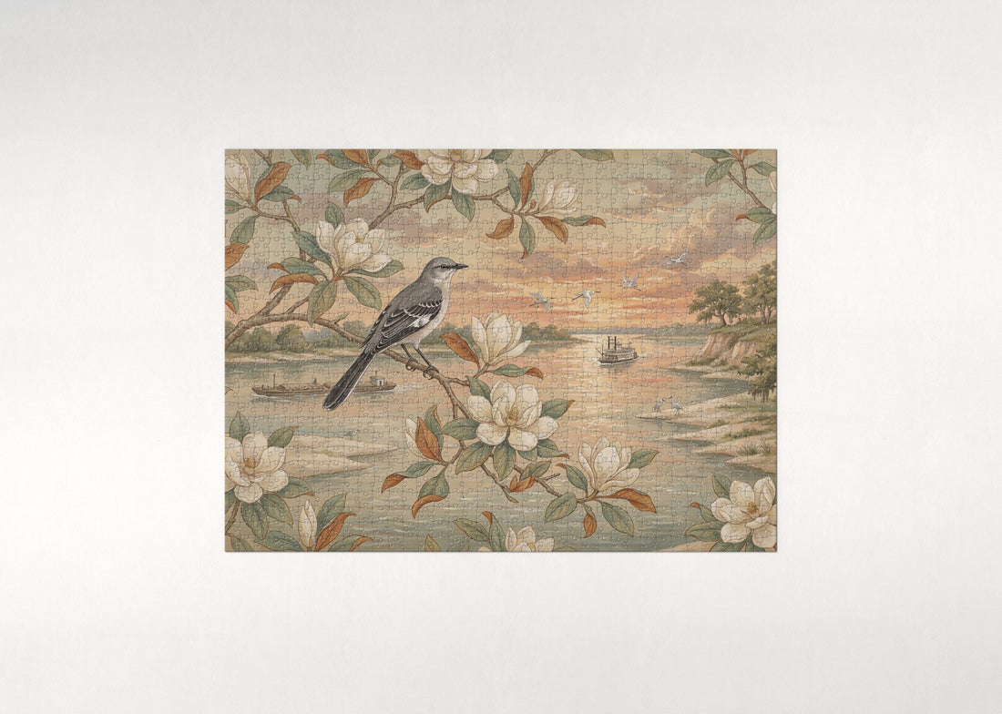 Mississippi State Bird and Flower: Mockingbird and Magnolia jigsaw puzzle - gift box