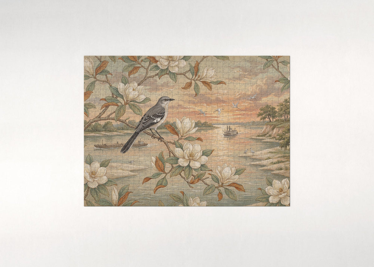 Mississippi State Bird and Flower: Mockingbird and Magnolia jigsaw puzzle - flat puzzle