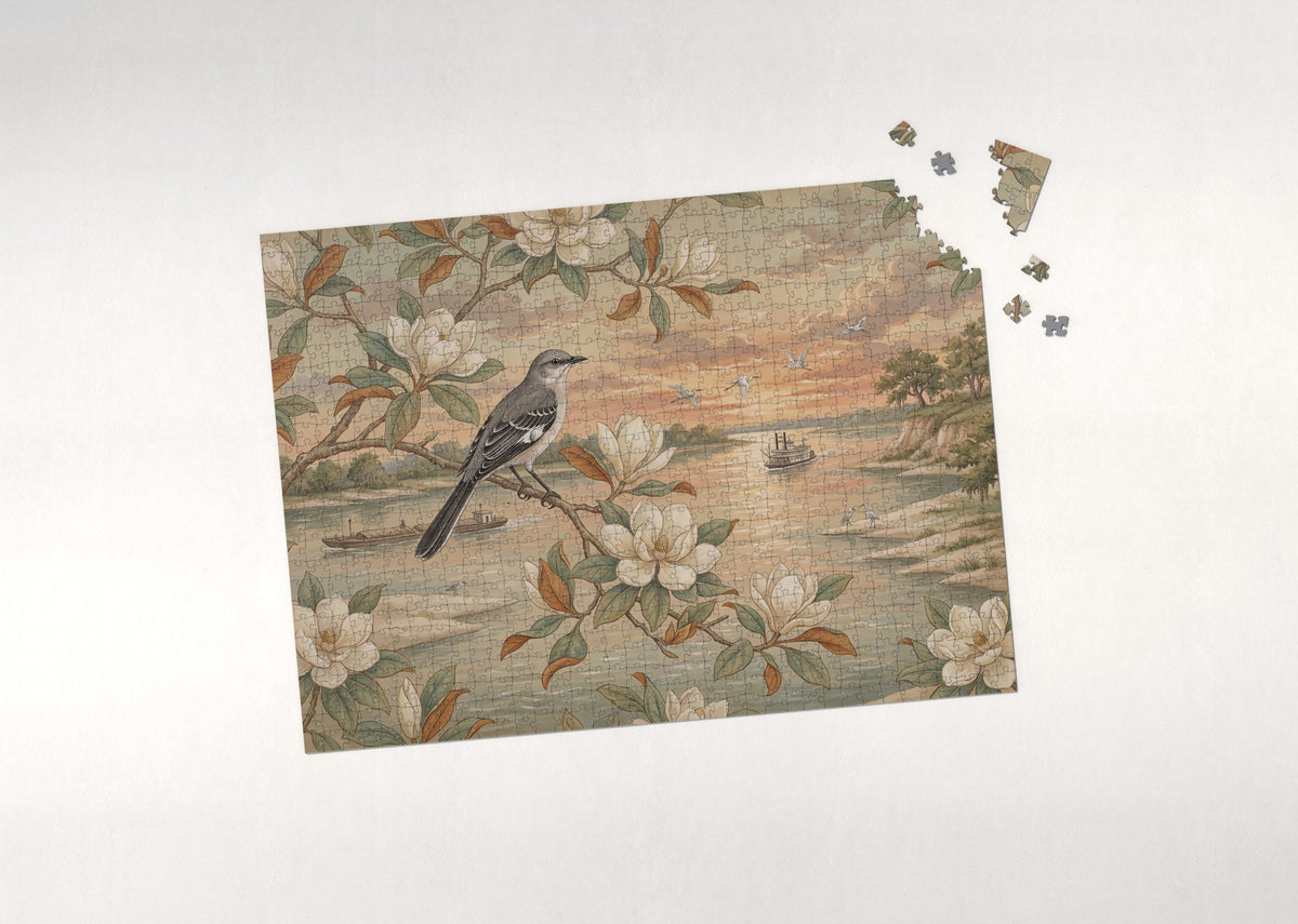 Mississippi State Bird and Flower: Mockingbird and Magnolia jigsaw puzzle - puzzle with loose pieces